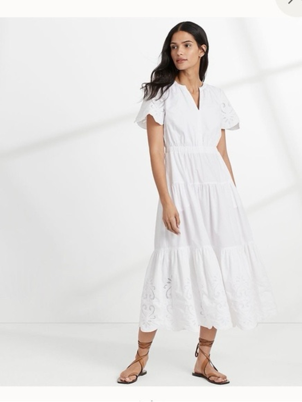 Land’s End Cotton Poplin Women's White Tiered V-Neck Eyelet Maxi Dress Size 1X